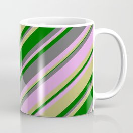 [ Thumbnail: Dim Grey, Plum, Dark Khaki & Dark Green Colored Striped/Lined Pattern Coffee Mug ]