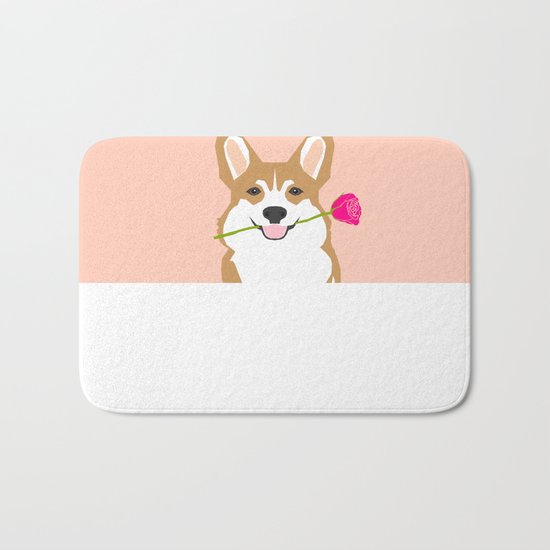Valentines - Corgi with Rose - Love, Cute Corgi for Corgi Owners, Trendy Girls Love, Valentines Day Bath Mat