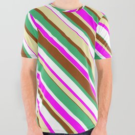 [ Thumbnail: Eye-catching Sea Green, White, Fuchsia, Pale Goldenrod, and Brown Colored Lined/Striped Pattern All Over Graphic Tee ]