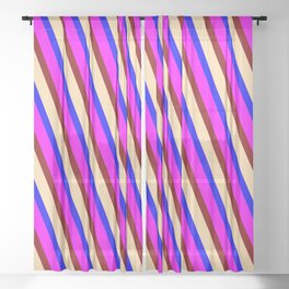 [ Thumbnail: Blue, Fuchsia, Maroon, and Tan Colored Lined Pattern Sheer Curtain ]