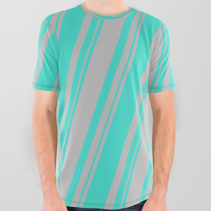 Turquoise and Grey Colored Stripes Pattern All Over Graphic Tee