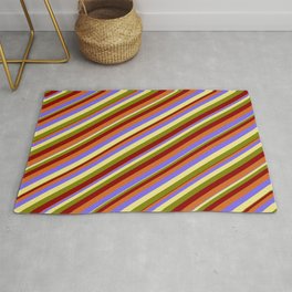 [ Thumbnail: Eyecatching Medium Slate Blue, Tan, Green, Dark Red & Chocolate Colored Striped/Lined Pattern Rug ]