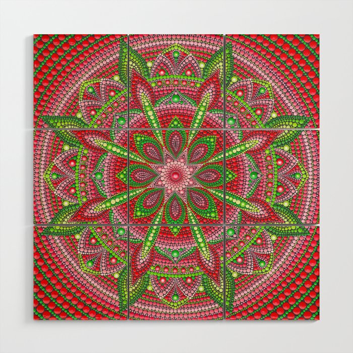 Red And Green Mandala Painting Wood Wall Art By Anastasiahelten
