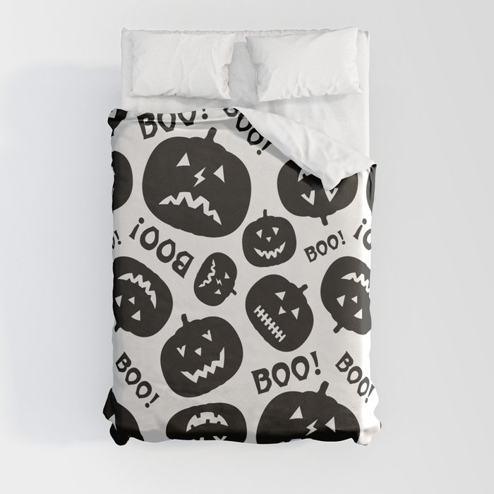 Halloween Black and White Pattern with Pumpkin Silhouette and inscription Boo Duvet Cover