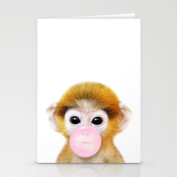 Baby Monkey Blowing Bubble Gum by Zouzounio Art Stationery Cards