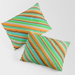 [ Thumbnail: Eye-catching Turquoise, Lime Green, Grey, Dark Orange & Brown Colored Lines/Stripes Pattern Pillow Sham ]