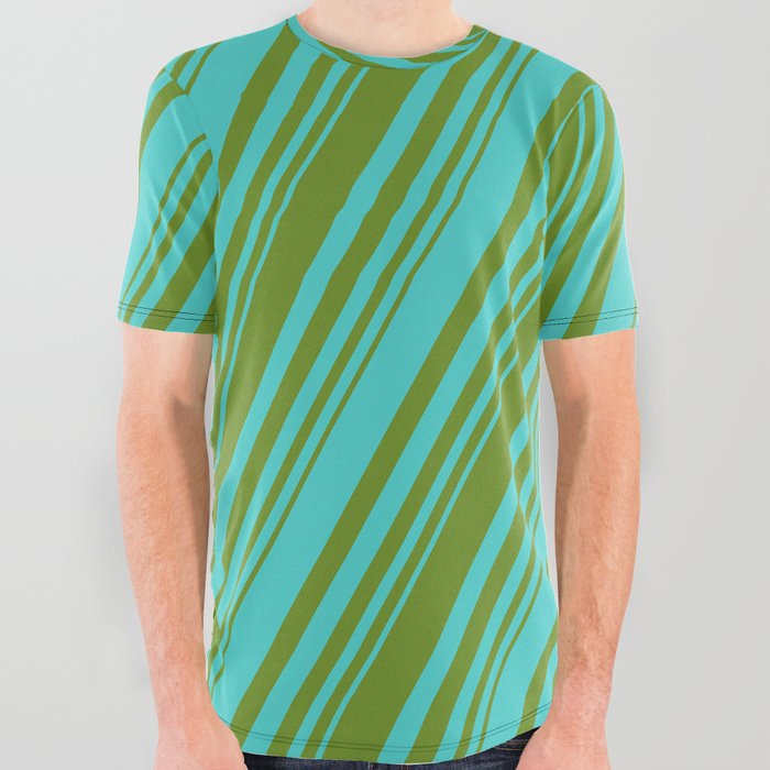 Green and Turquoise Colored Stripes/Lines Pattern All Over Graphic Tee