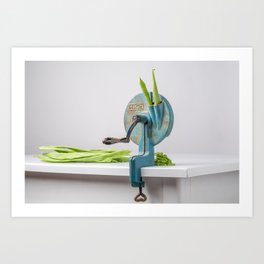 Still life / Antique string bean mill with string beans on a white wooden table Art Print