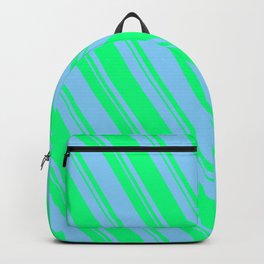 [ Thumbnail: Light Sky Blue and Green Colored Pattern of Stripes Backpack ]