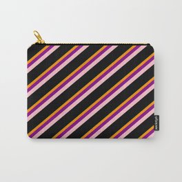 [ Thumbnail: Eyecatching Green, Dark Orange, Purple, Pink & Black Colored Lines Pattern Carry-All Pouch ]