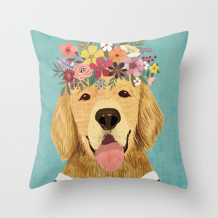 Golden Retriever Dog With Floral Crown Art Print Funny Decoration Gift Cute Room Decor Poster Throw Pillow By Miacharro Society6