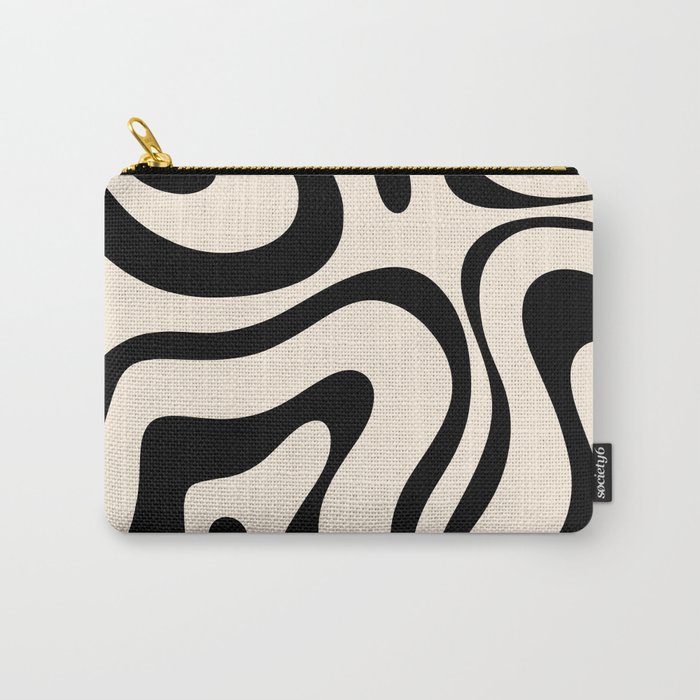 Modern Retro Liquid Swirl Abstract Pattern Vertical Black and Almond Cream Carry-All Pouch