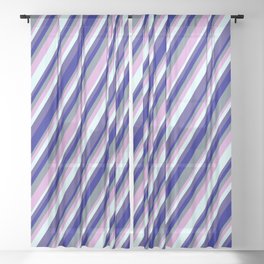[ Thumbnail: Slate Gray, Plum, Light Cyan, Dark Slate Blue, and Dark Blue Colored Lined/Striped Pattern Sheer Curtain ]