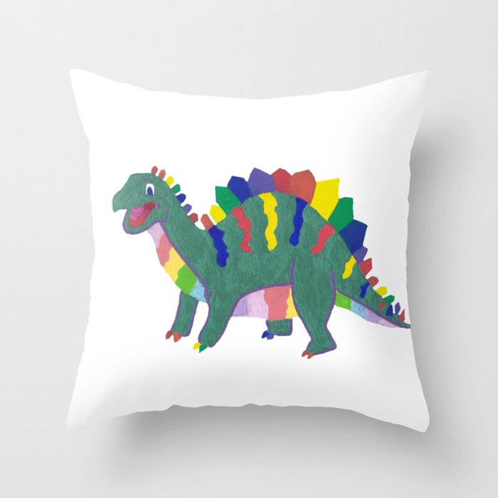 Colorful Stegosaurus Dinosaur Rainbow Pattern with Green Body Throw Pillow