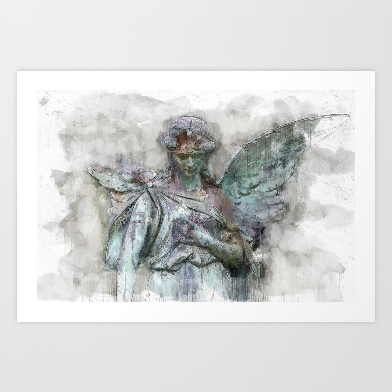 Angel Statue Painting Female Angel Sculpture Drawing Art Print