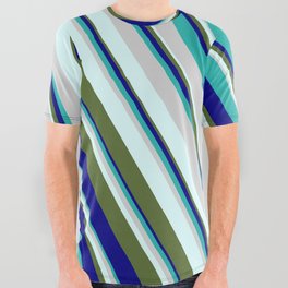 [ Thumbnail: Blue, Light Sea Green, Light Gray, Light Cyan & Dark Olive Green Colored Pattern of Stripes All Over Graphic Tee ]