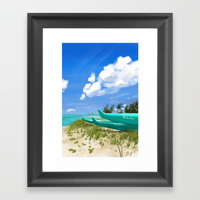 Hawai beach in canoe Framed Art Print