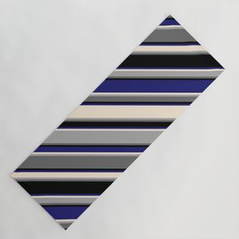 [ Thumbnail: Eye-catching Midnight Blue, Beige, Dark Grey, Dim Grey & Black Colored Striped Pattern Yoga Mat ]