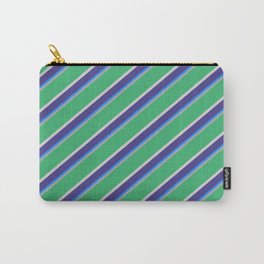 [ Thumbnail: Vibrant Dark Grey, Sea Green, Light Gray, Dark Slate Blue & Blue Colored Lines/Stripes Pattern Carry-All Pouch ]