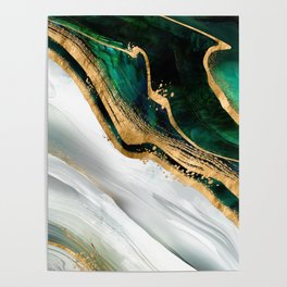 Malachite green watercolor and gold Poster