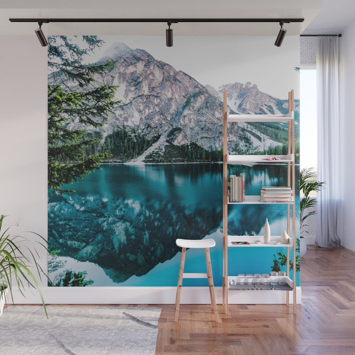Lake and Mountain Under White Sky Wall Mural