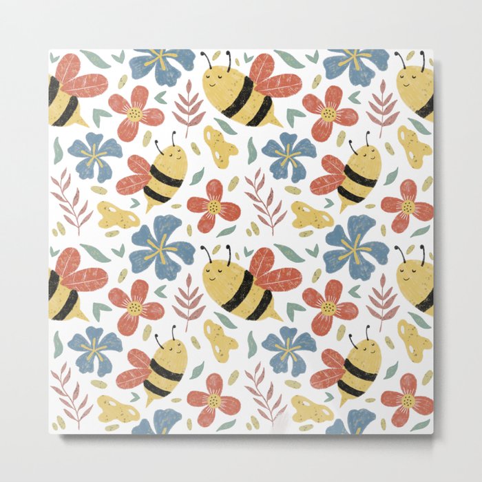 Cute Honey Bees and Flowers Metal Print