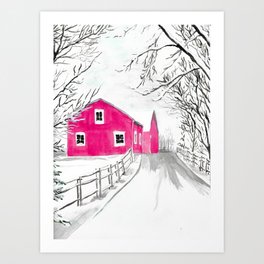 Red Barn in the Snow Art Print