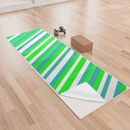 [ Thumbnail: Lime, Light Sea Green & White Colored Striped/Lined Pattern Yoga Towel ]