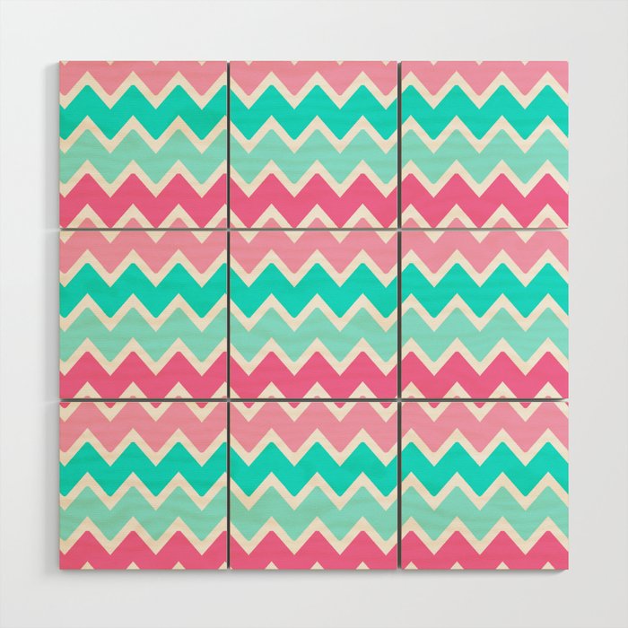 Turquoise Aqua Blue and Hot Pink Ombre Chevron Wood Wall Art