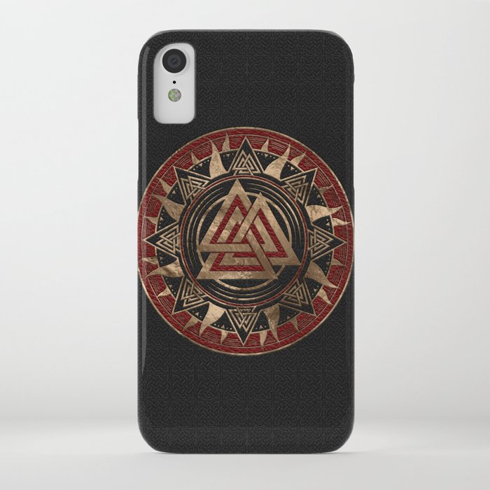 Valknut Symbol Black And Red Leather And Gold Iphone Case By