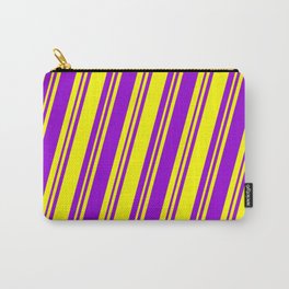 [ Thumbnail: Yellow & Dark Violet Colored Lined Pattern Carry-All Pouch ]