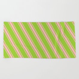 [ Thumbnail: Green & Light Pink Colored Lined/Striped Pattern Beach Towel ]