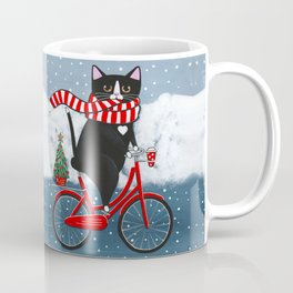 Winter Tuxedo Cat Bicycle Ride Mug