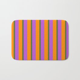 [ Thumbnail: Orchid, Dark Olive Green, and Dark Orange Colored Lines Pattern Bath Mat ]
