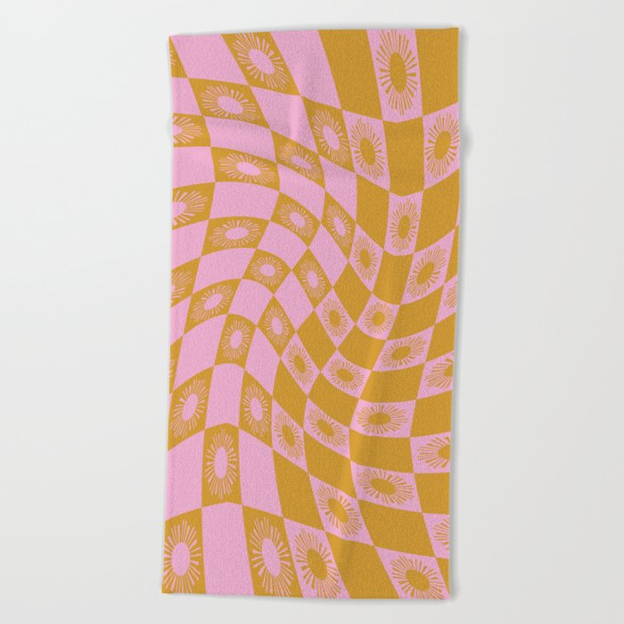 Abstract Sun Checker Pattern 1 in Gold Pink Beach Towel