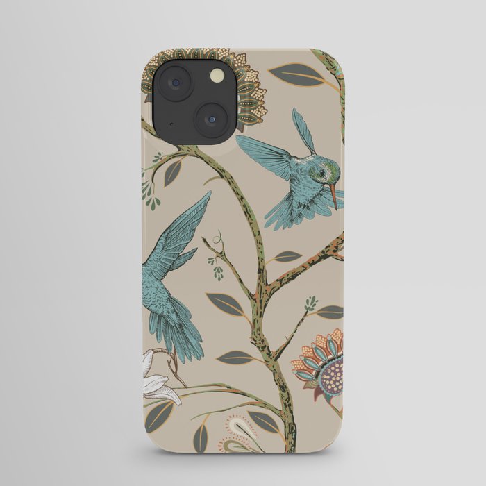 Beige seamless pattern with stylized flowers and birds. Blossom garden with hummingbirds and plants. Light floral wallpaper with decorative flowers. iPhone Case