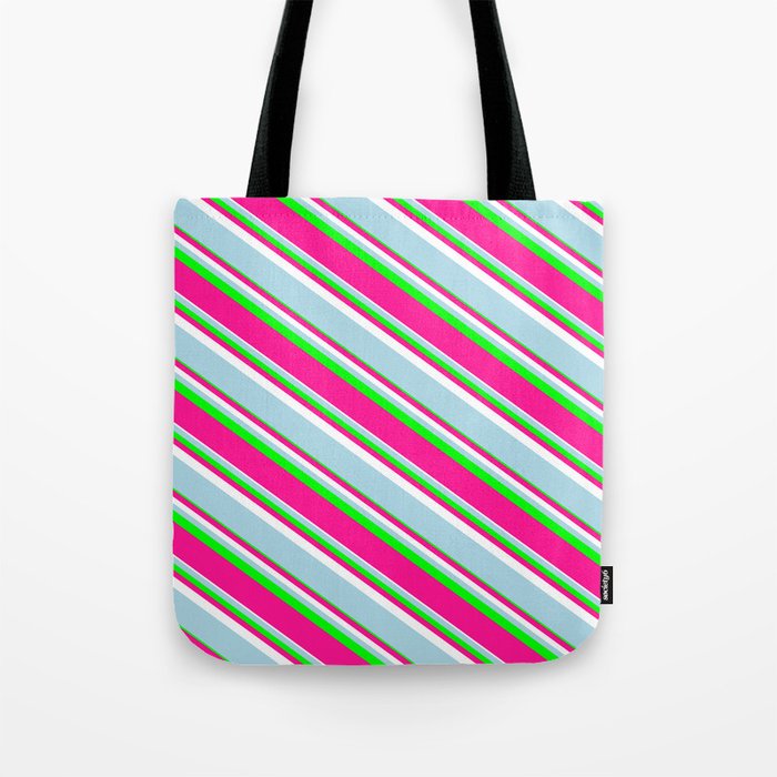 Lime, Deep Pink, White & Light Blue Colored Pattern of Stripes Tote Bag