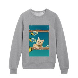 Red Tiger Cat with Frame and tropical fishes Kids Crewneck