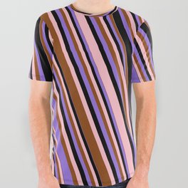 [ Thumbnail: Pink, Brown, Purple & Black Colored Lined Pattern All Over Graphic Tee ]