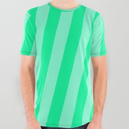 [ Thumbnail: Aquamarine and Green Colored Stripes/Lines Pattern All Over Graphic Tee ]
