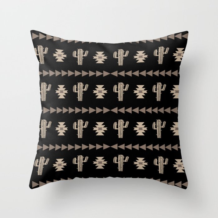 Southwestern Cactus Pattern 232 Black and Beige Throw Pillow