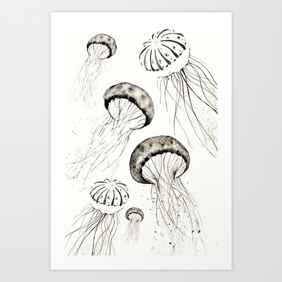 jelly fishes black and white Art Print