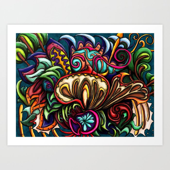 Chameleon on mushroom painting, colorful abstract nature Art Print