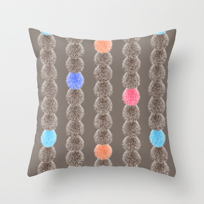 Colorful fluffy fur balls pattern on brown Throw Pillow