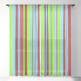 [ Thumbnail: Red, Light Sky Blue, and Chartreuse Colored Lined/Striped Pattern Sheer Curtain ]