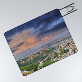 Stormy day at  summer sunrise. The Alhambra Palace, Granada city, Albaicin and Cathedral. Picnic Blanket