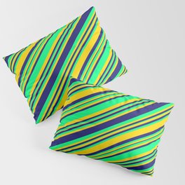 [ Thumbnail: Midnight Blue, Green, and Yellow Colored Lines/Stripes Pattern Pillow Sham ]