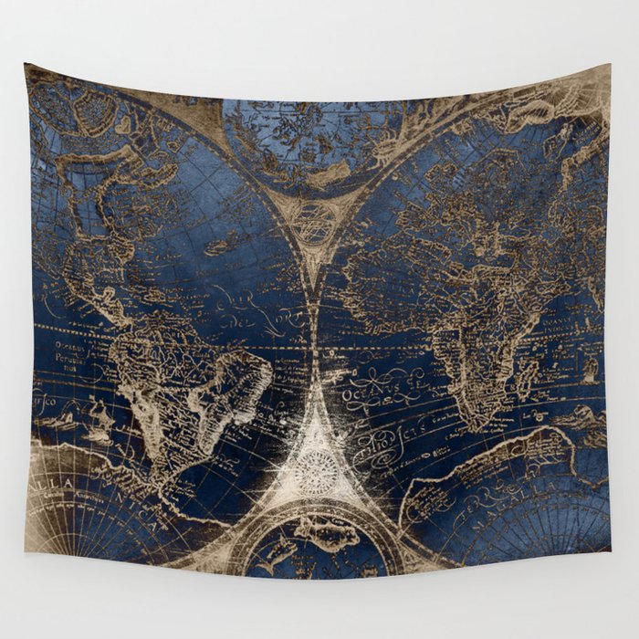 World Map Deep Blue And Gold Wall Tapestry By Naturemagick