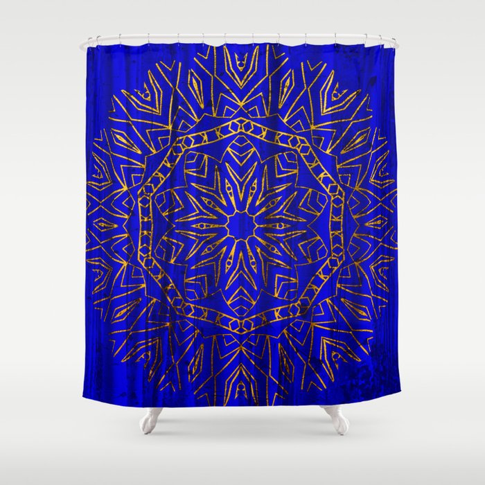 384 Royal Blue Gold Mandala Curtain Shower Curtain By Lauragordon