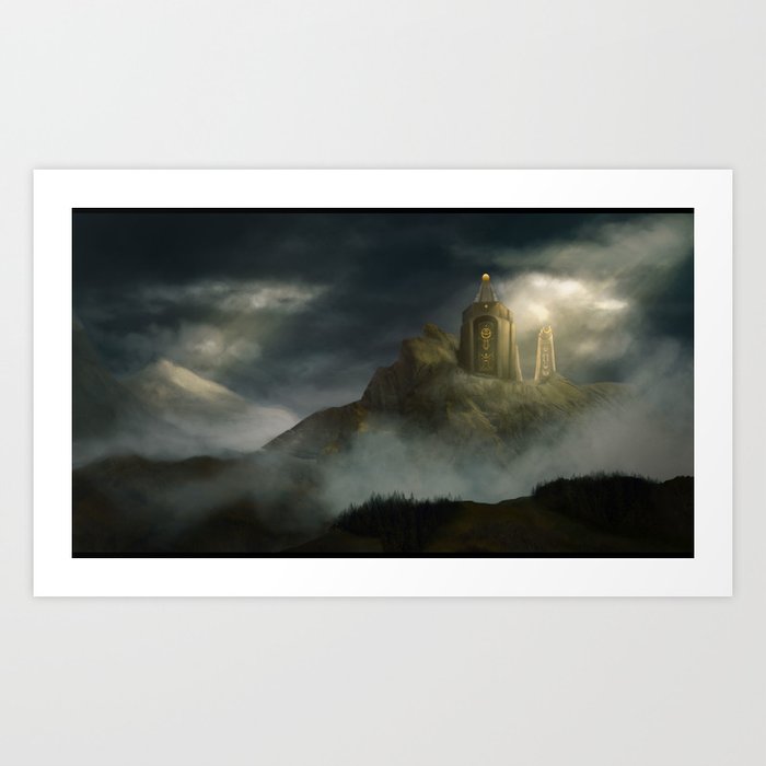 Mountain temple in the clouds Art Print